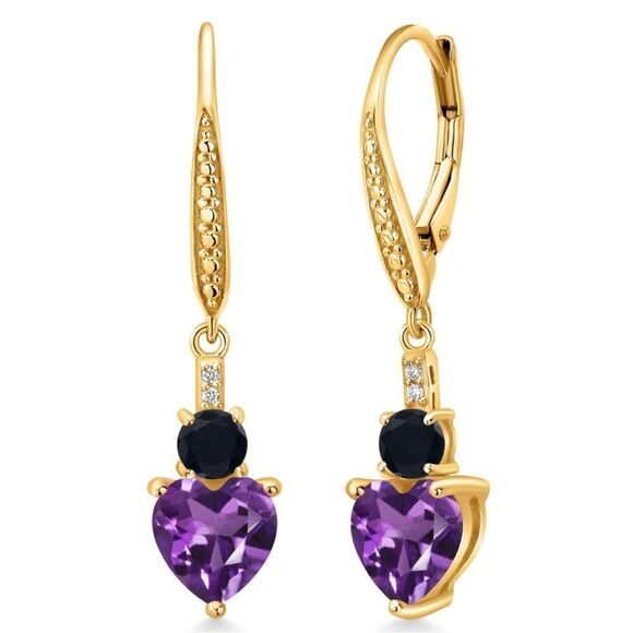 18K Yellow Gold with 2.27 Cttw Amethyst and Black Onyx Heart Leverback Earrings - Picture 1 of 4